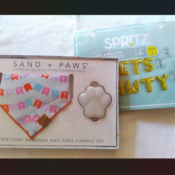 DOG BIRTHDAY PARTY 2 PC SET BANDANA CANDLE BALLOONS CELEBRATE YOUR PET ADOPTION - Picture 1 of 8